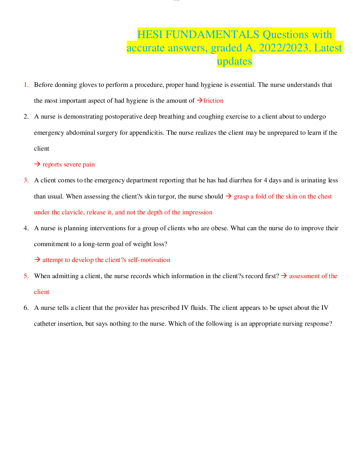 Preview image for HESI FUNDAMENTALS Questions with accurate answers, graded A. 2022/2023. Latest updates